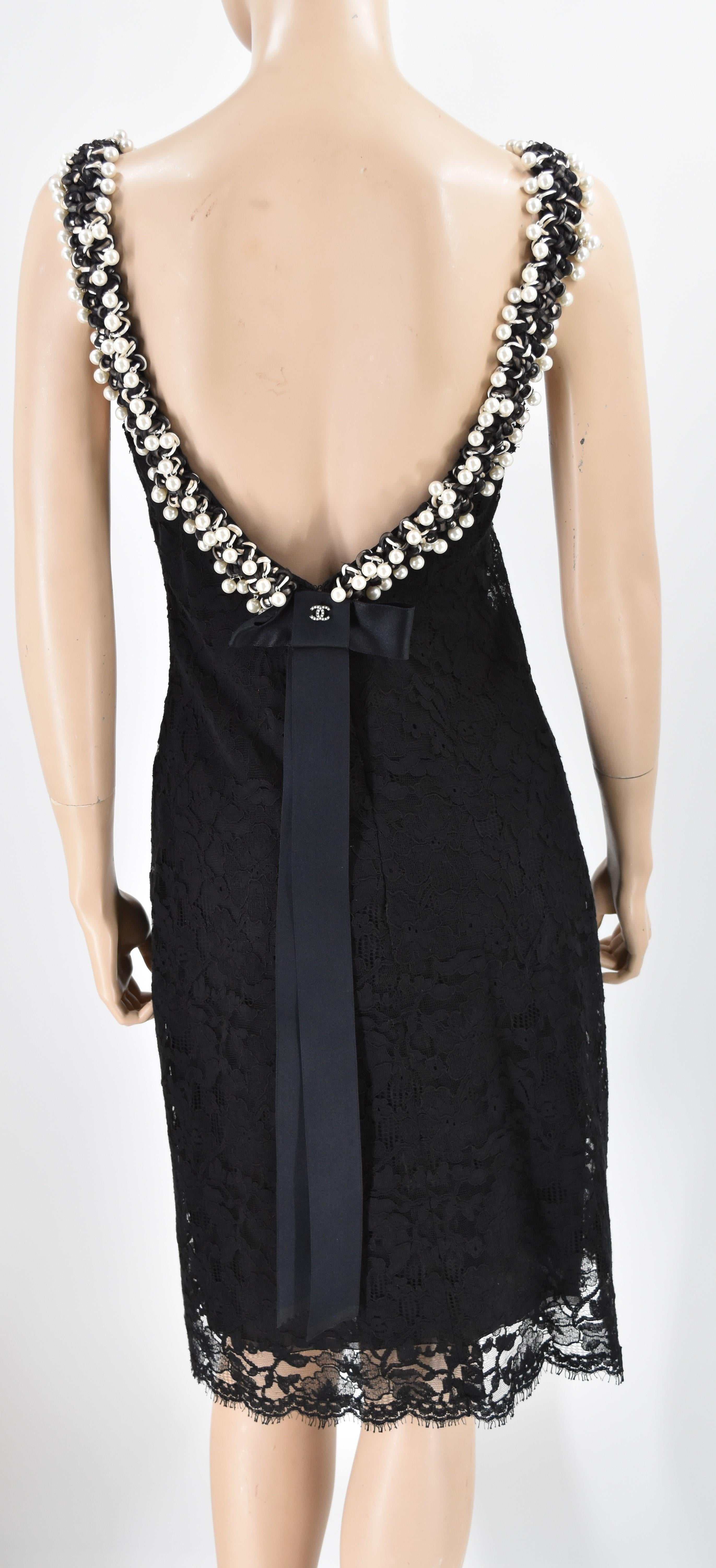 Chanel Faux Pearl Embellished Lace Dress 38 New In New Condition For Sale In Merced, CA