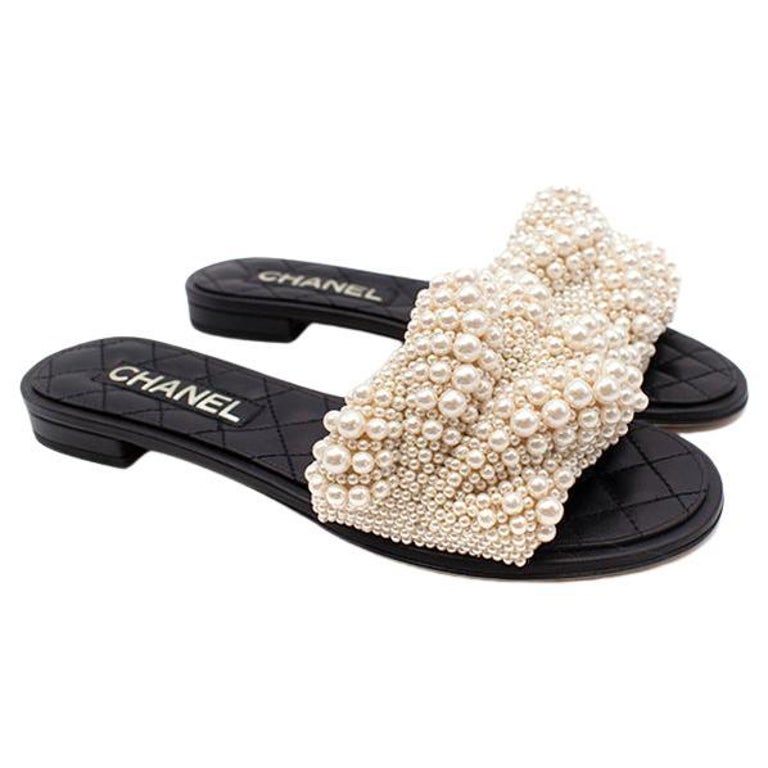Chanel Faux-Pearl Embellished Sliders EU 37 For Sale at 1stDibs