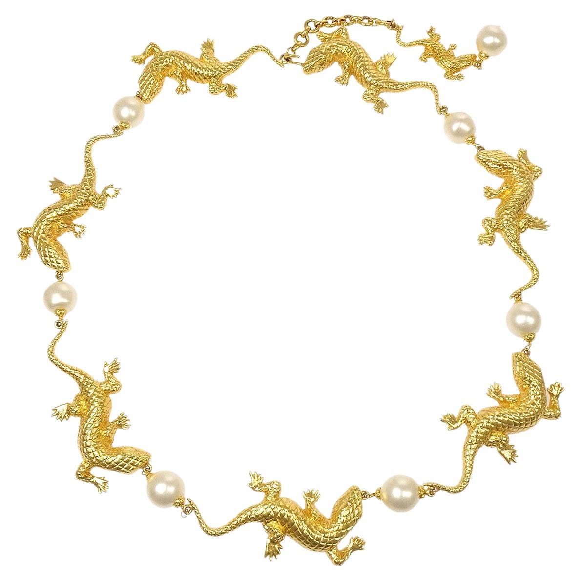 CHANEL Faux Pearl Gold Metal Reptile Charm Chain Link Waist Belt