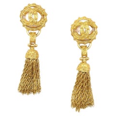 CHANEL Faux Pearl Gold Metal Tassel Earrings 