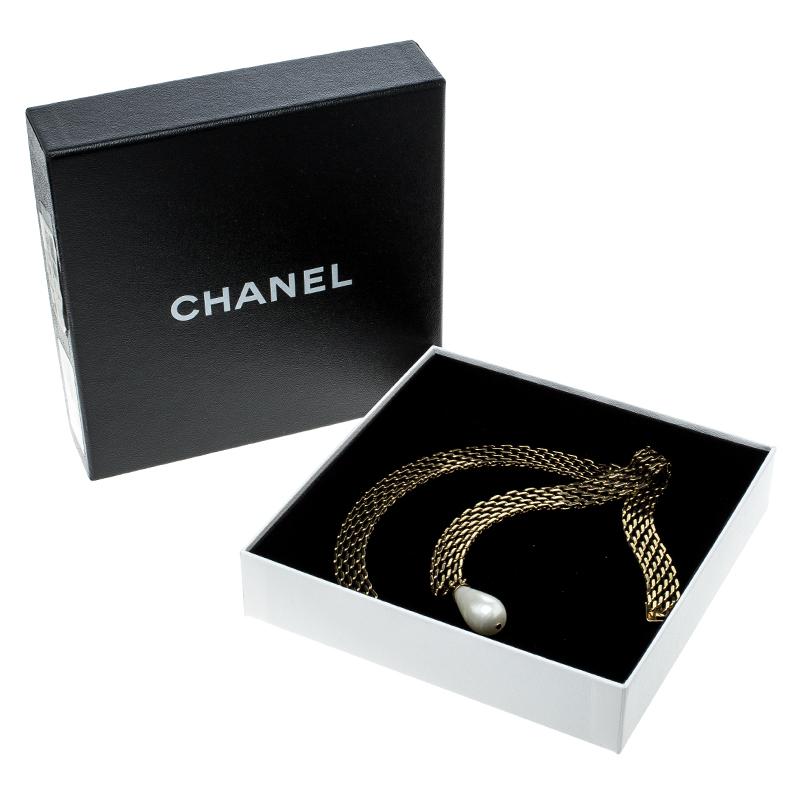 Chanel Faux Pearl Gold Tone Chain Collar Necklace 1