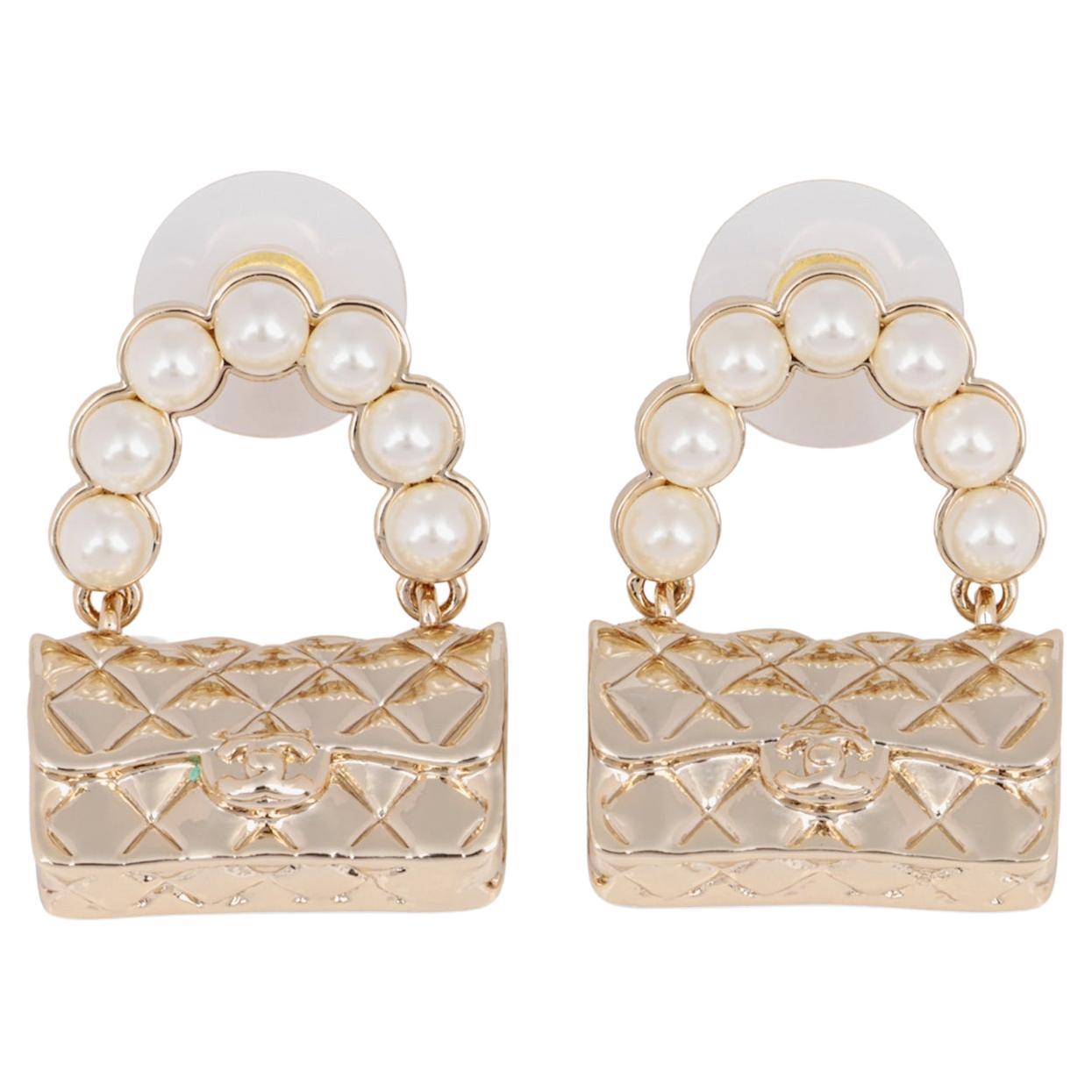 Chanel Faux Pearl Gold Tone Quilted Flap Bag Earrings For Sale