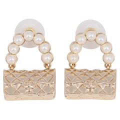 Used Chanel Faux Pearl Gold Tone Quilted Flap Bag Earrings