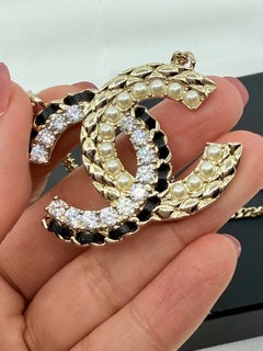 CHANEL Faux Pearl Leather & Crystal Gold CC Pendant Necklace
