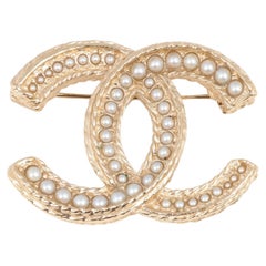 Chanel Faux Pearl Matte Gold Tone CC Logo Brooch