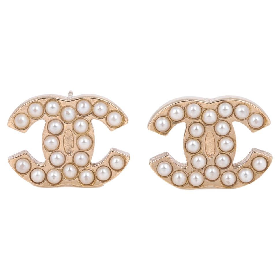 Chanel Faux Pearl Matte Gold Tone CC Stud Earrings