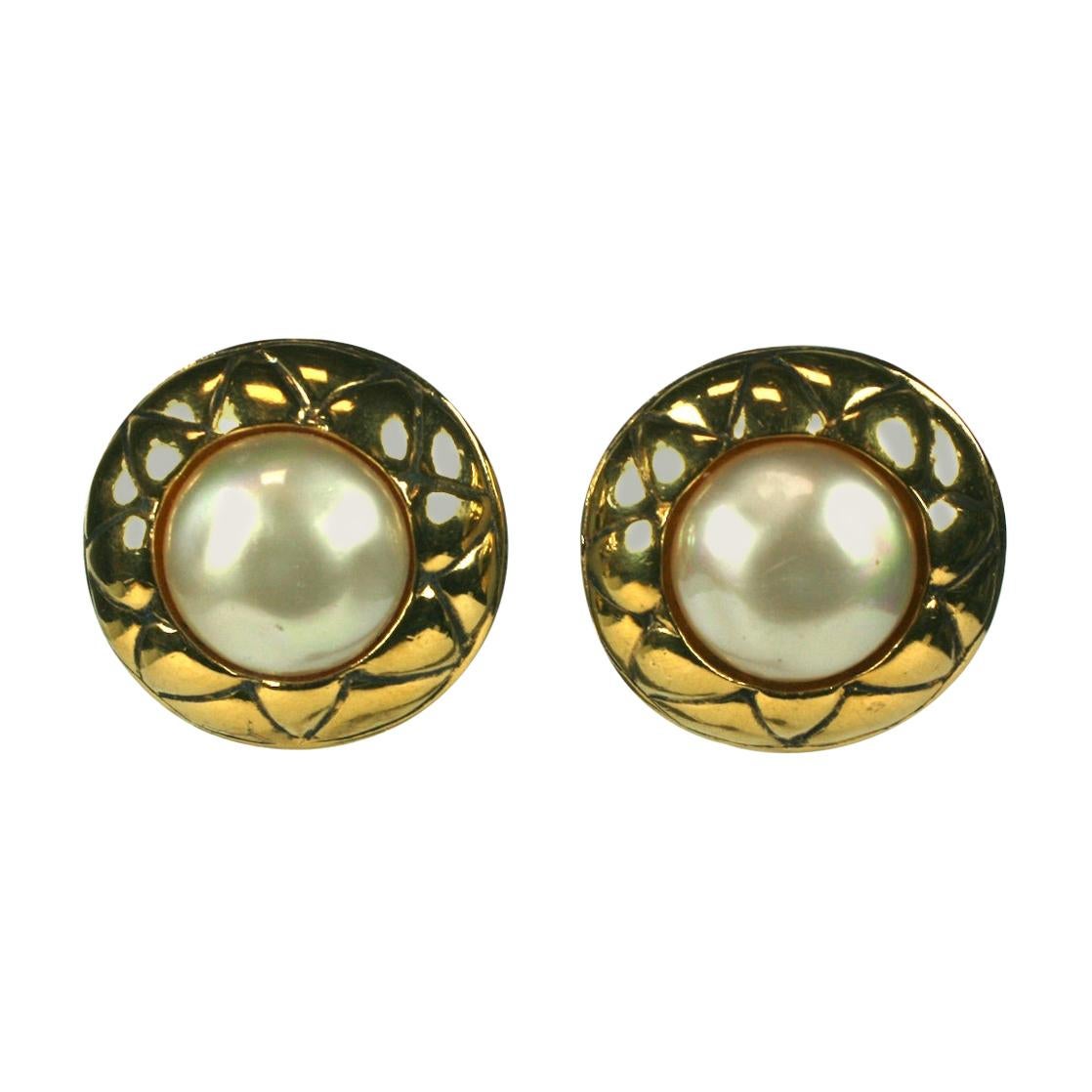 Chanel Faux Pearl Quilted Earrings