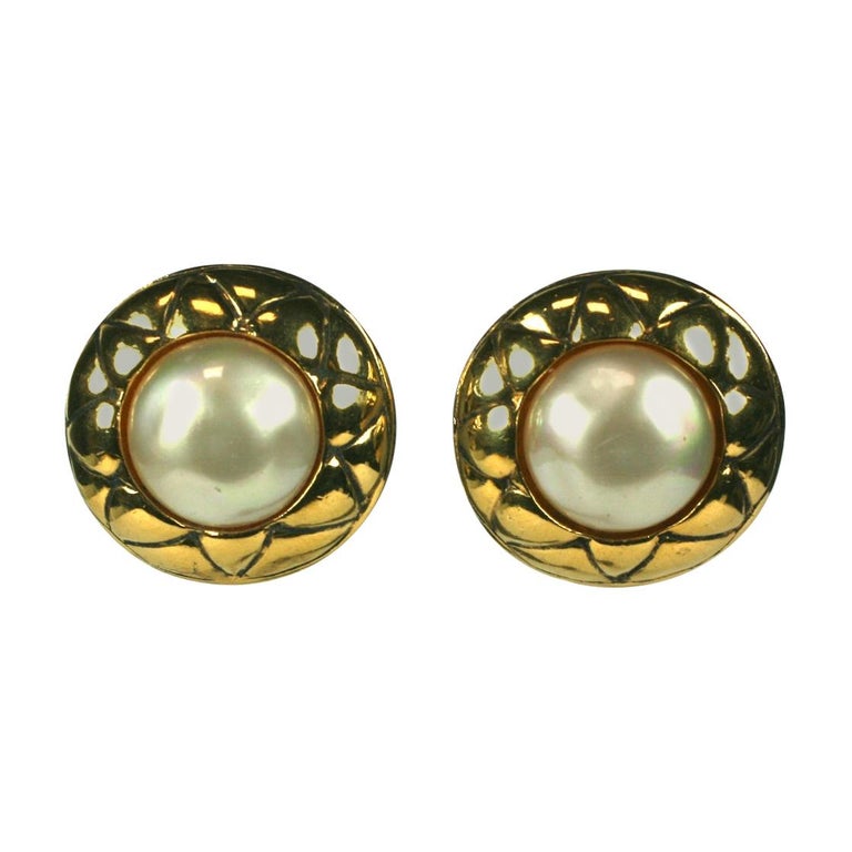 Chanel Faux Pearl Quilted Earrings For Sale