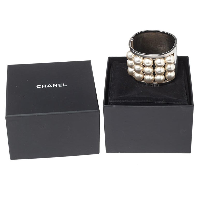 Chanel Faux Pearl Silver Tone Hinged Cuff Bracelet at 1stDibs