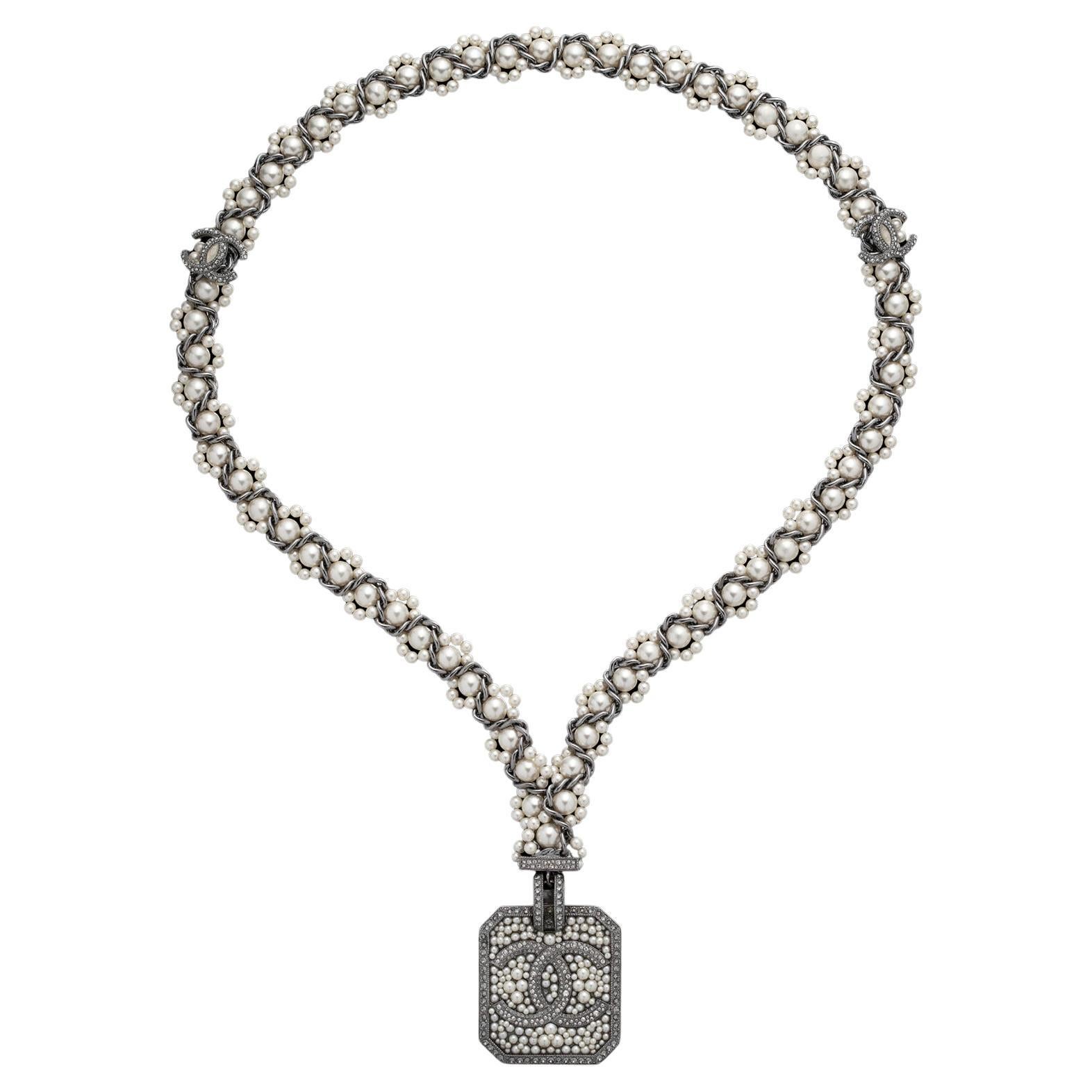Chanel Faux Pearl & Strass CC Lanyard Pendant Necklace