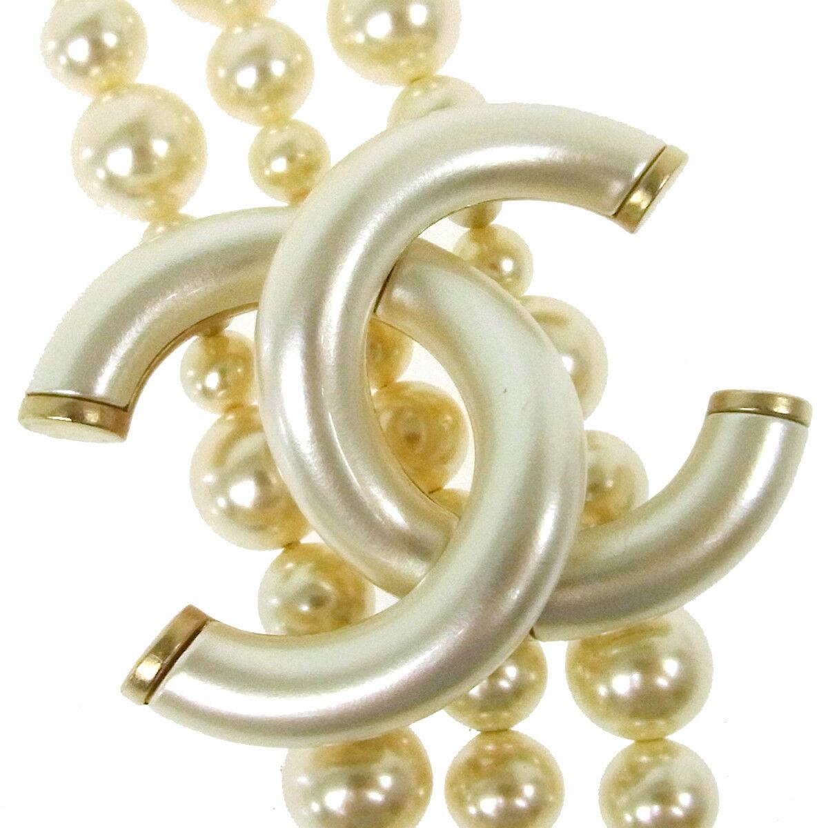 Chanel Faux Pearl Triple Strand Long Logo Charm Statement Evening Necklace W/Box In Excellent Condition In Chicago, IL