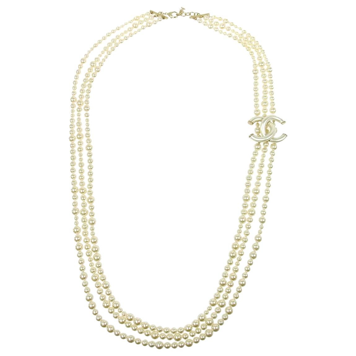 Chanel Faux Pearl Triple Strand Long Logo Charm Statement Evening Necklace W/Box