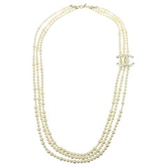 Chanel Faux Pearl Triple Strand Long Logo Charm Statement Evening Necklace W/Box