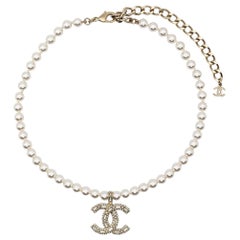 Chanel Faux Pearls and Logo-Pendant Necklace