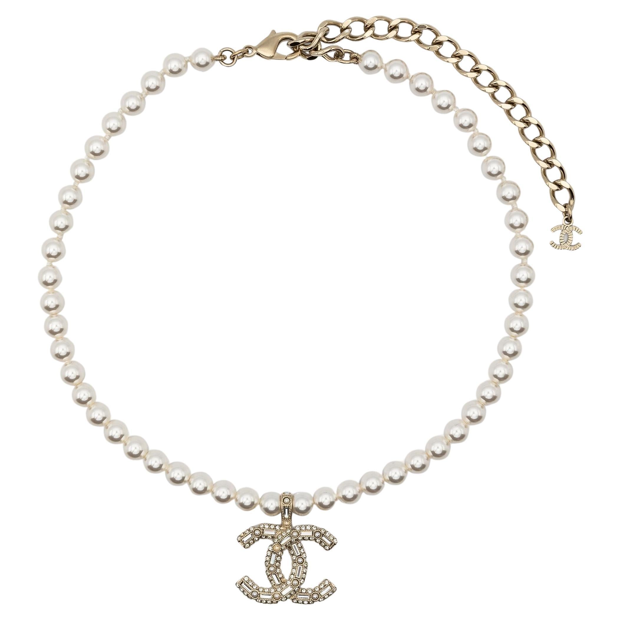 Chanel Faux Pearls and Logo-Pendant Necklace
