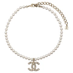 Chanel Faux Pearls and Logo-Pendant Necklace