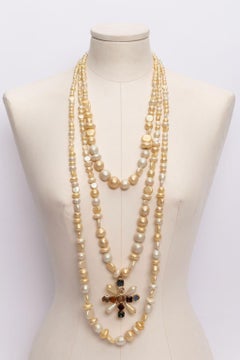 Chanel Faux Pearls Necklace with Cross Pendant