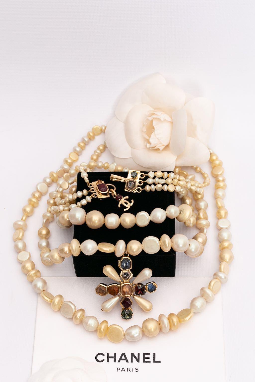 Chanel Faux Pearls Necklace with Cross Pendant For Sale 3