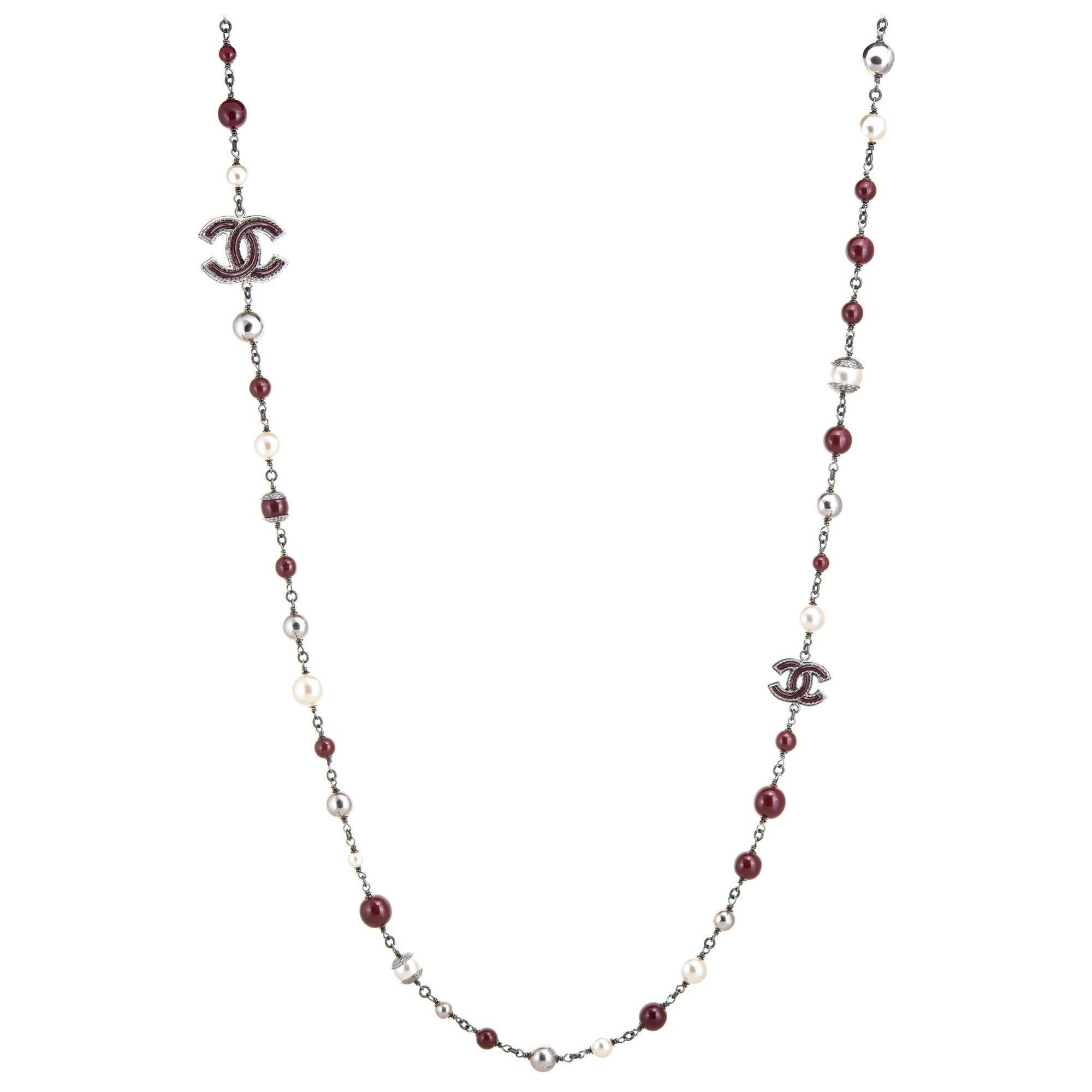 Chanel Faux White Pearl Maroon Bead Necklace Graduated Long 47" Circa 2014 Belt For Sale
