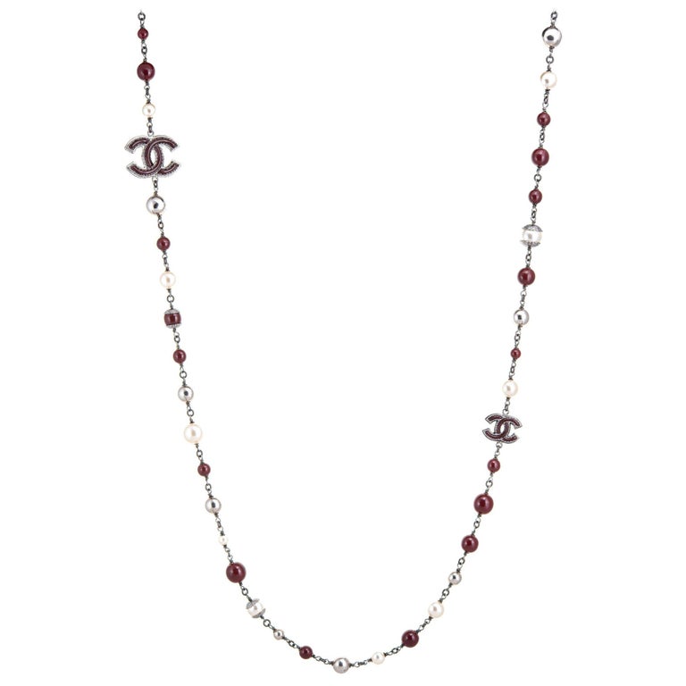 Chanel Paris 1981 Red Clear Crystal Pearl Sautoir Chain Necklace