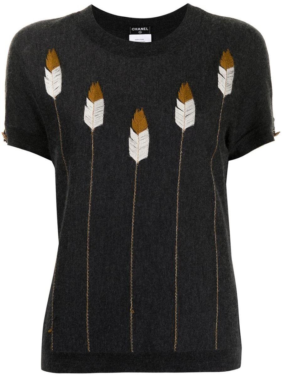 Black Chanel Feather Embroidery Cashmere Top