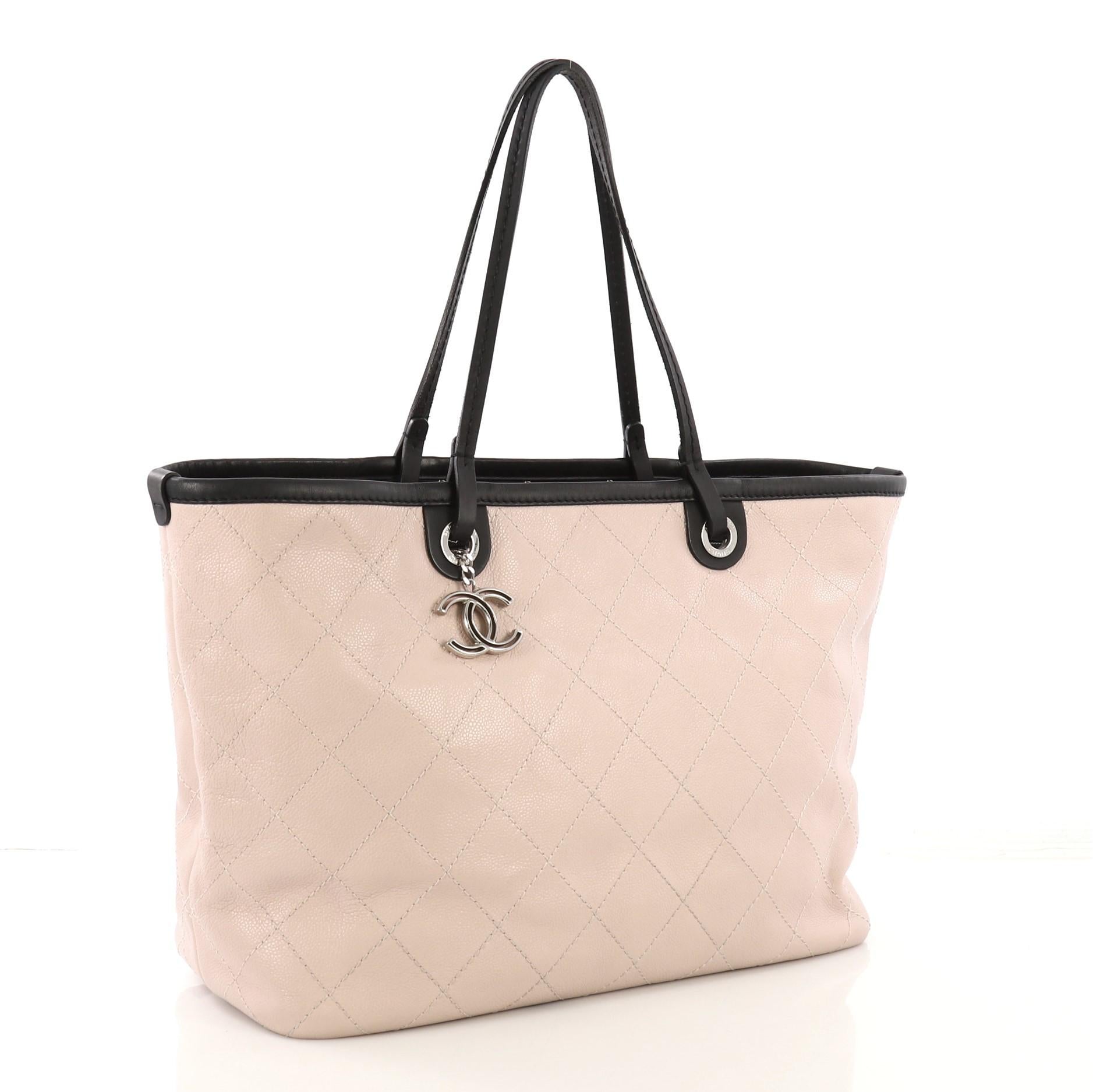 Beige Chanel Fever Tote Quilted Caviar Large