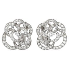 CHANEL Fil de Camélia Diamond Stud Earrings 18K White Gold