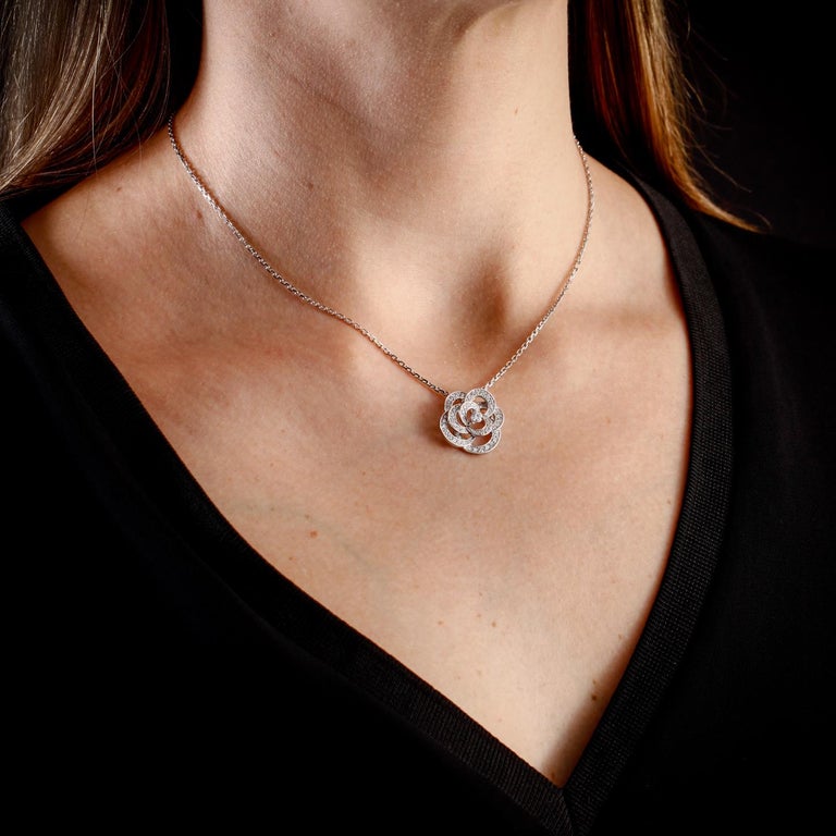Chanel Fil de Camélia Pendant Necklace 18k White Gold & Diamonds 0.75 ct.  J2580