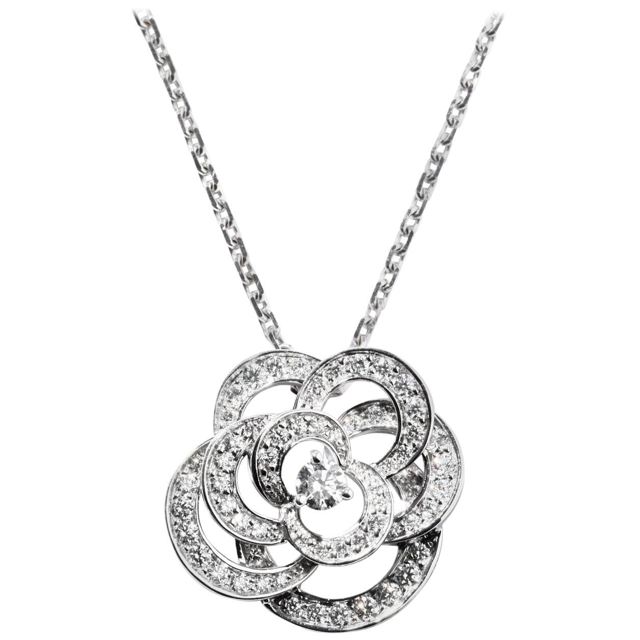 Chanel Fil de Camélia Pendant Necklace 18k White Gold & Diamonds 0.75 ct. J2580 For Sale