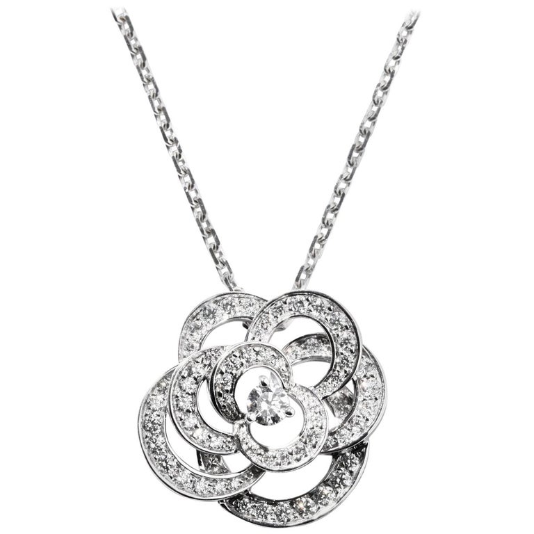 Chanel Fil de Camélia Pendant Necklace 18k White Gold and Diamonds 0.75 ct.  J2580