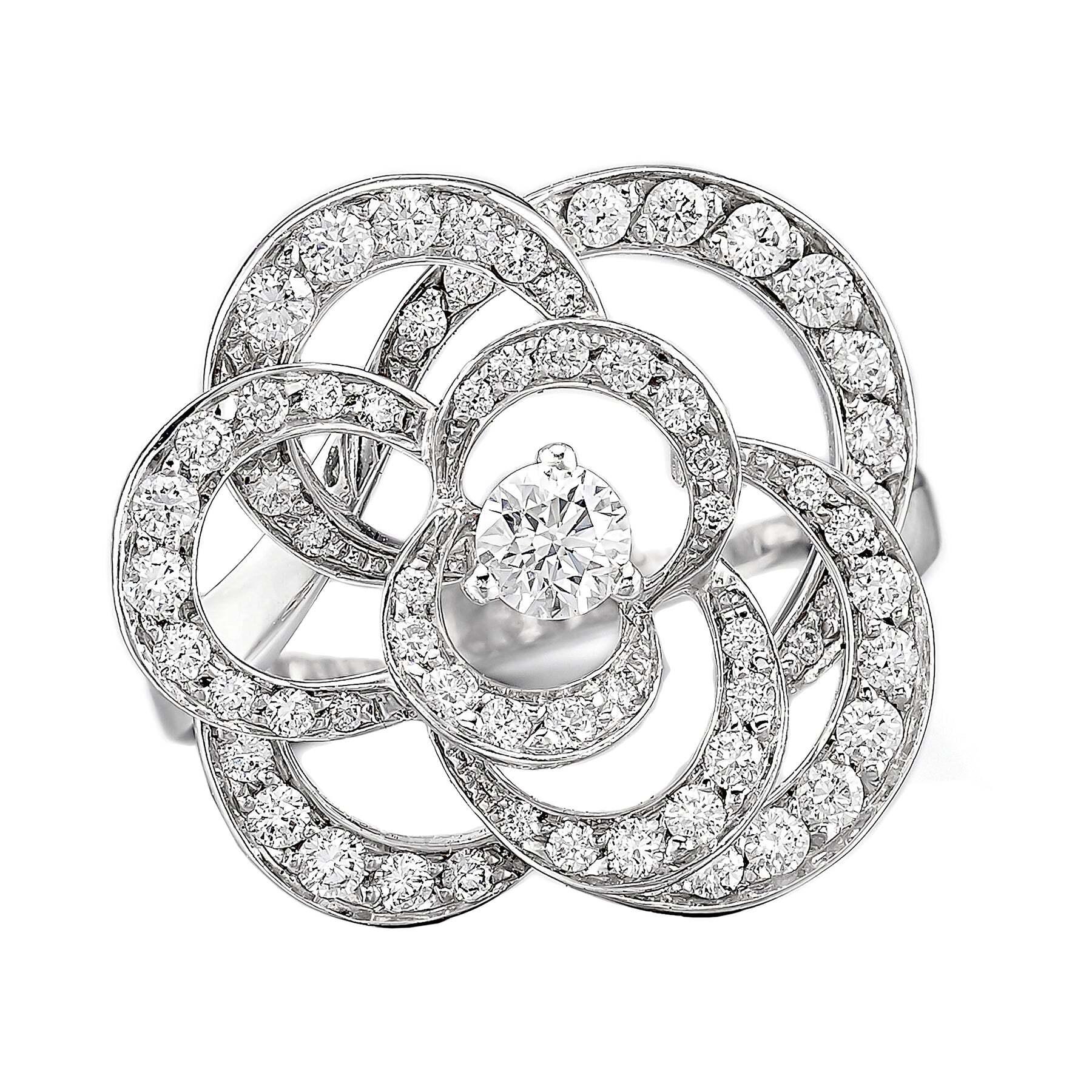 Chanel Fil De Camellia Diamant 18k Weißgold Cocktail Ring Sz 5 1/2
