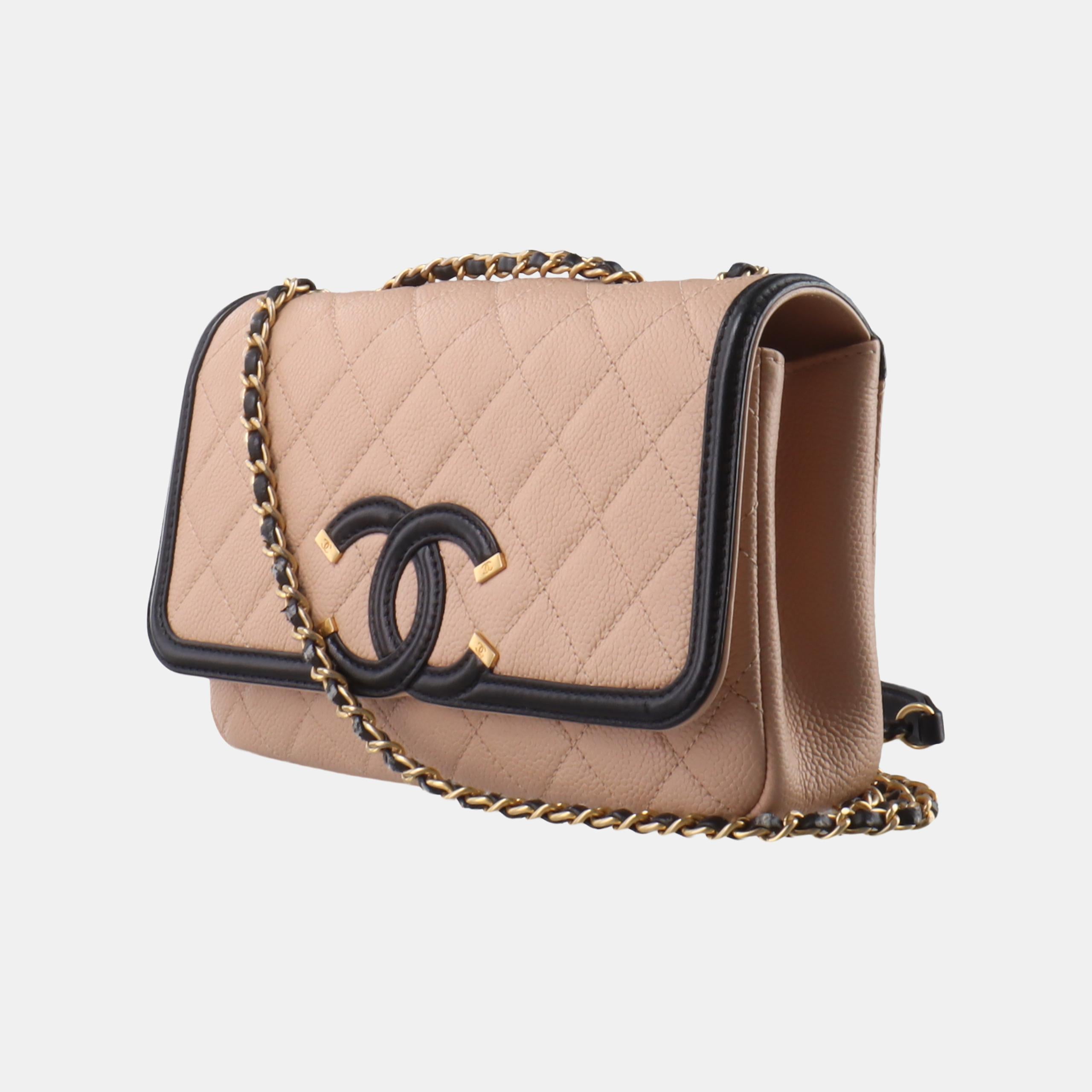 Brown Chanel Filigree Flap Bag Caviar Leather 2017 Small Beige with Black Trim
