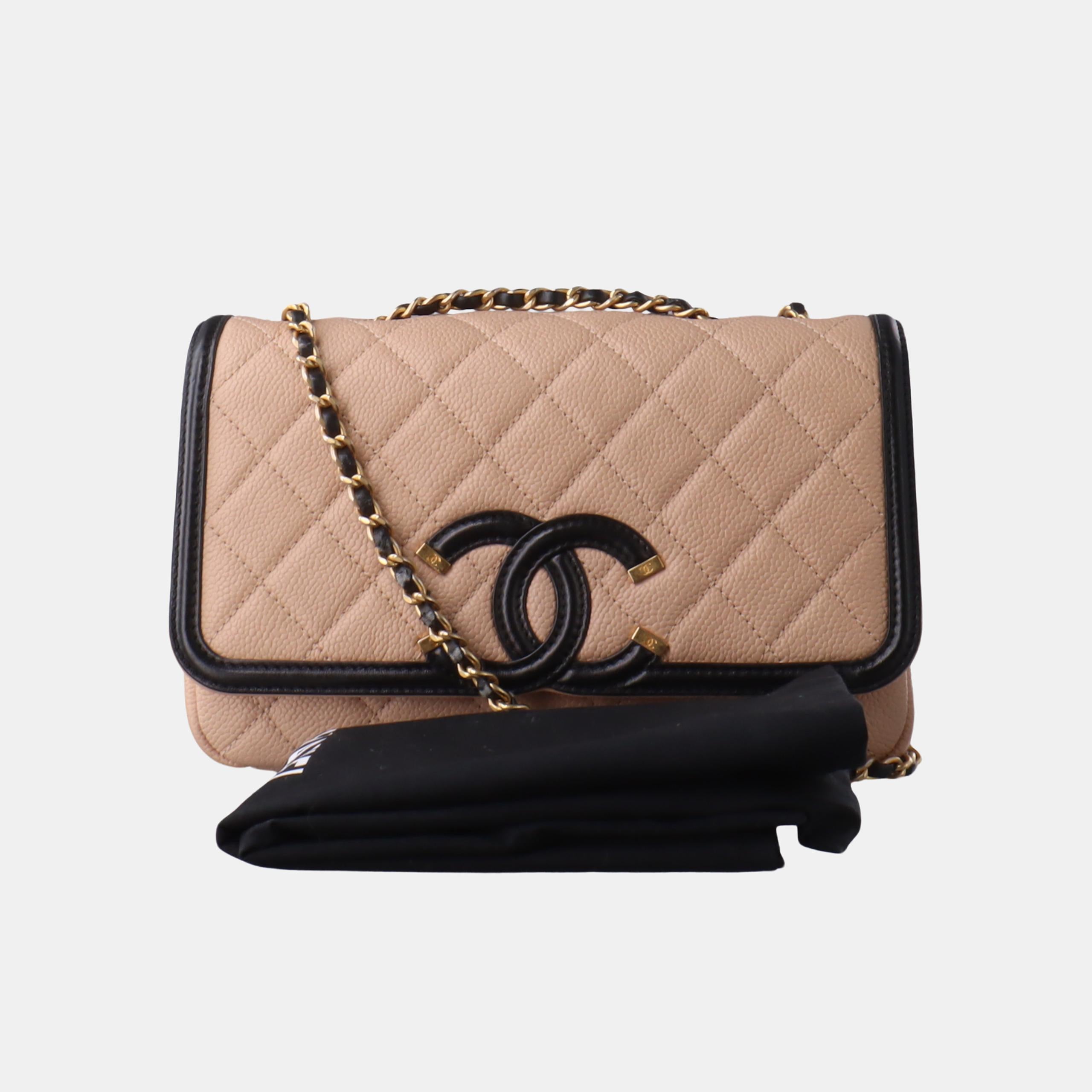 Women's Chanel Filigree Flap Bag Caviar Leather 2017 Small Beige with Black Trim