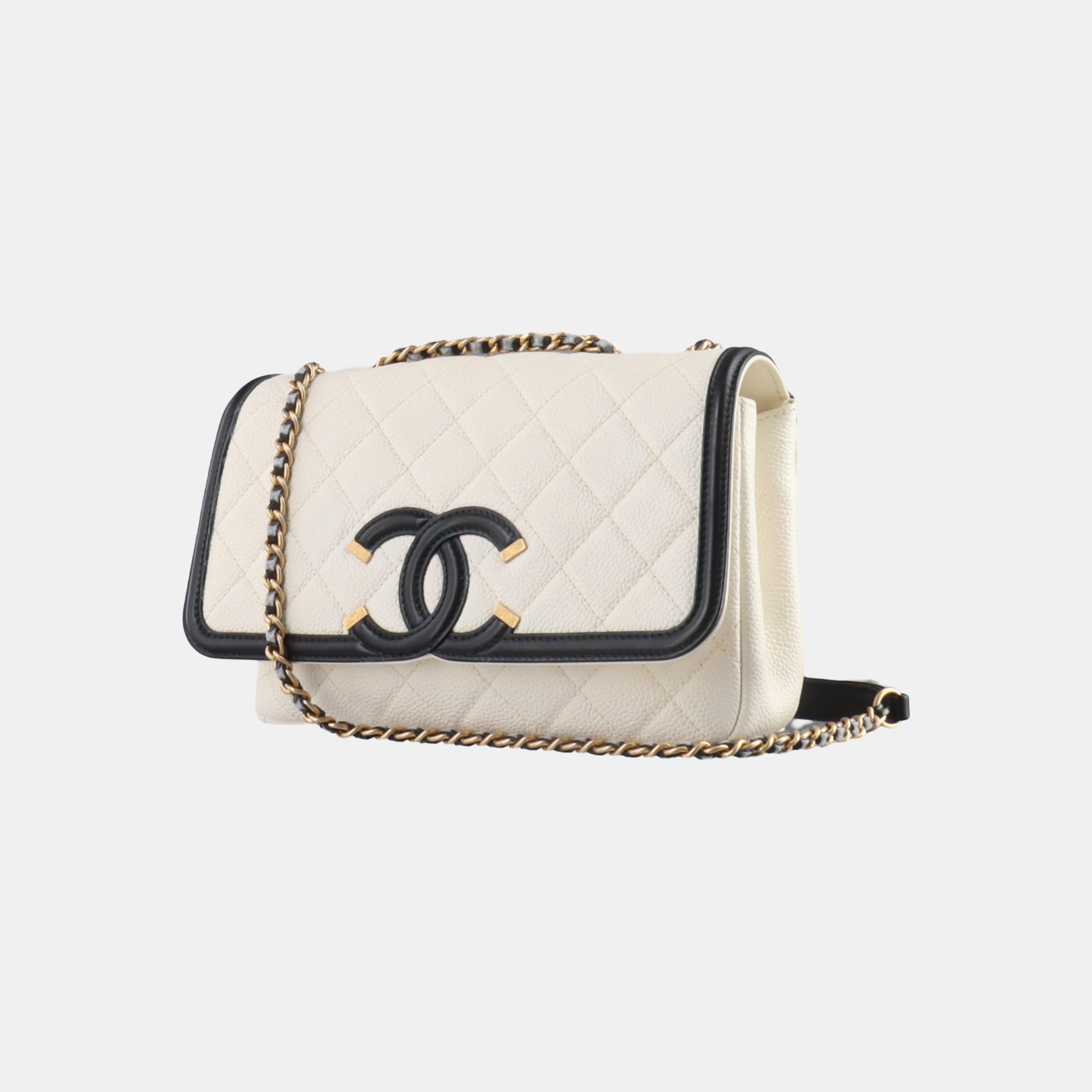 Beige Chanel Filigree Flap Bag Caviar Leather Small White with Black Trim