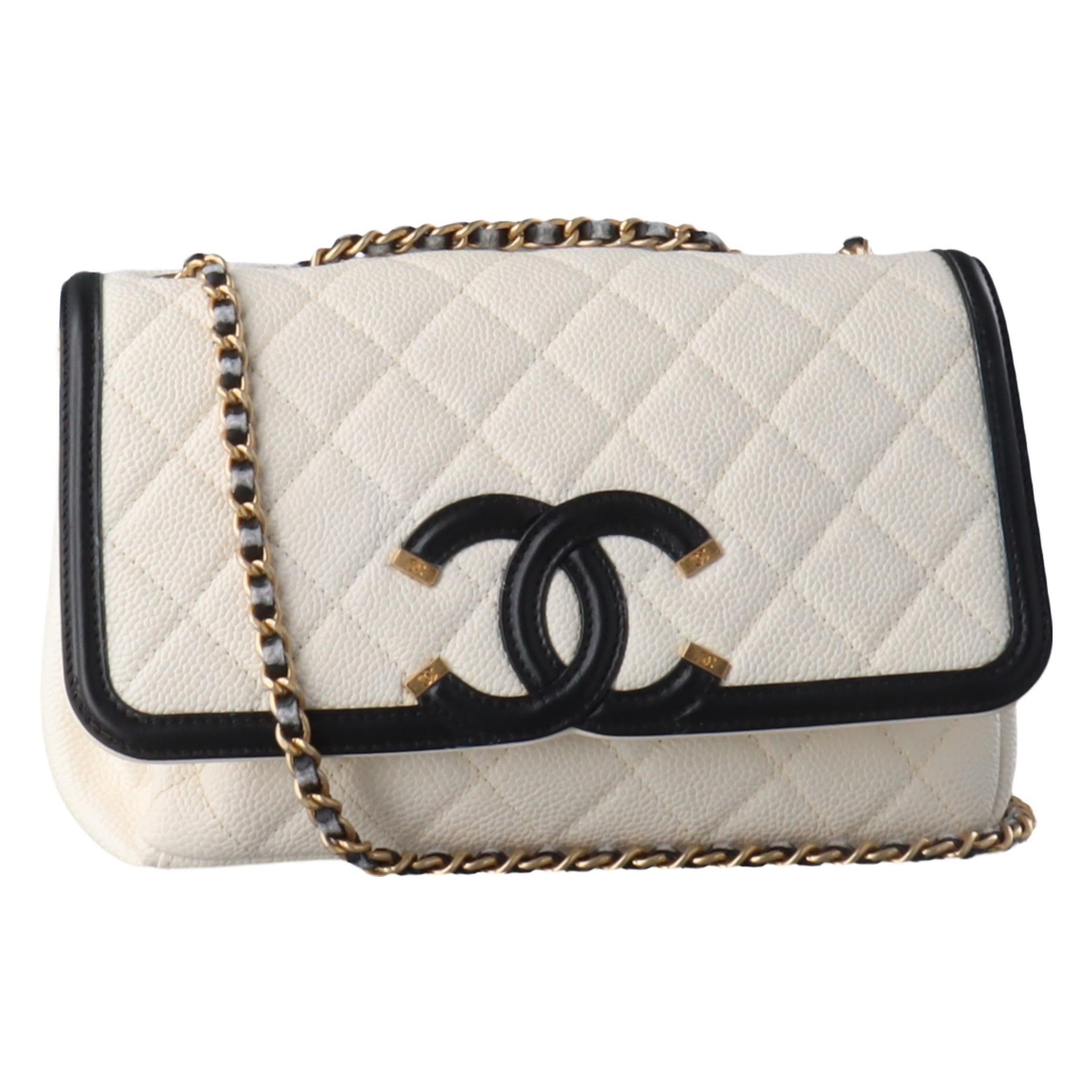 Chanel Filigree Flap Bag Caviar Leather Small White with Black Trim