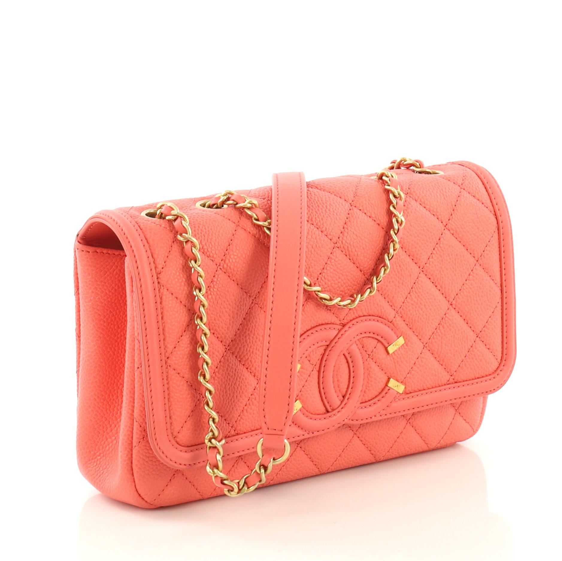 Orange Chanel Filigree Flap Bag Quilted Caviar Small,