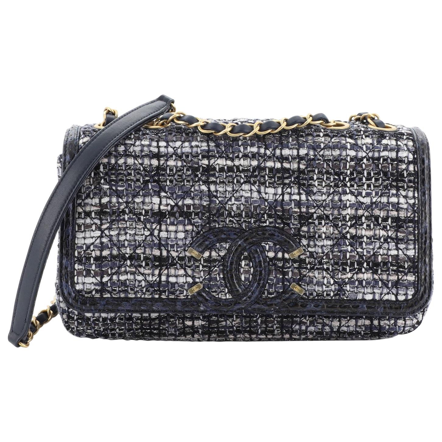 Chanel Filigree Flap Bag Quilted Tweed With Watersnake Medium 