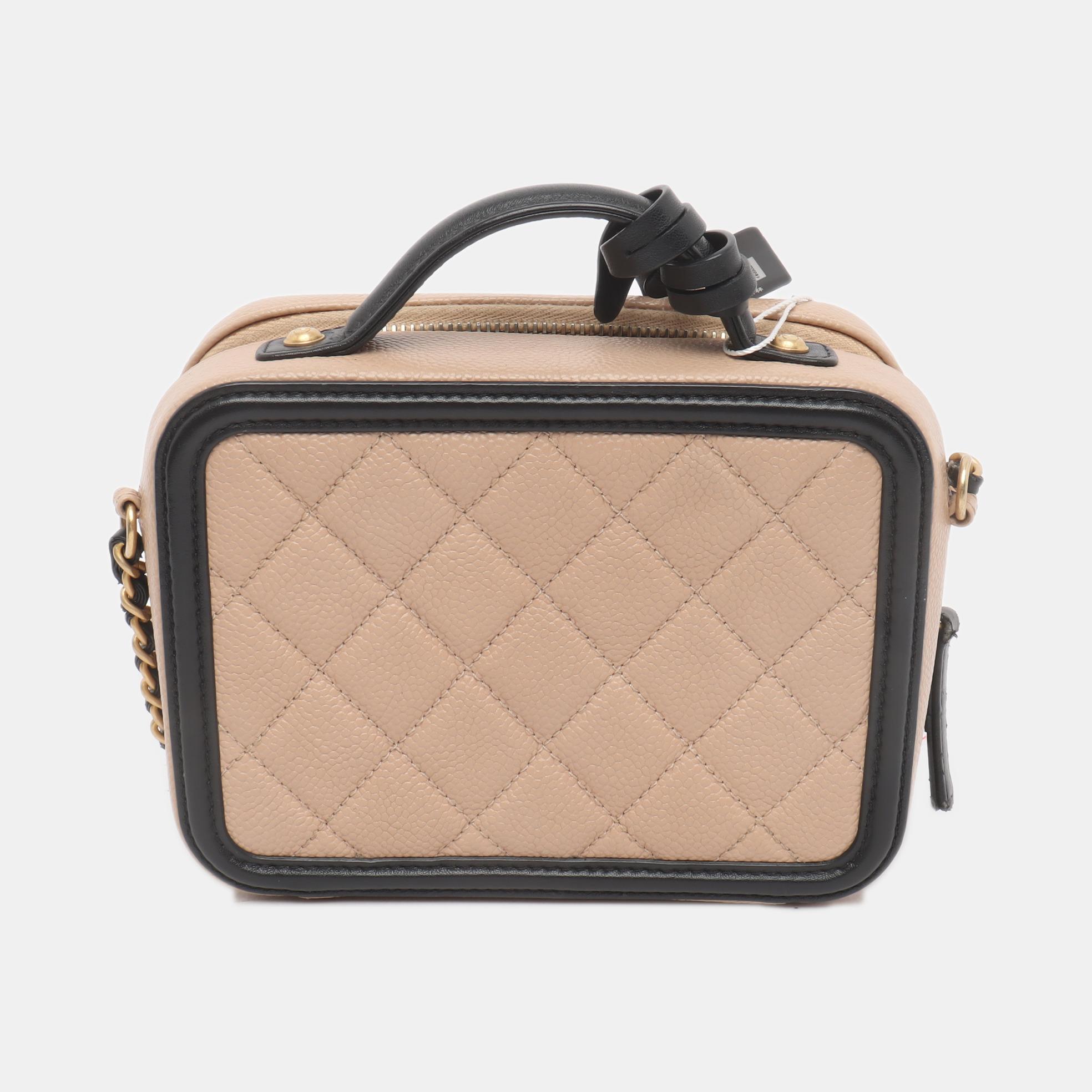 Women's Chanel Filigree Mini Vanity Case Caviar Leather Beige with Black Trim, 2018-2019