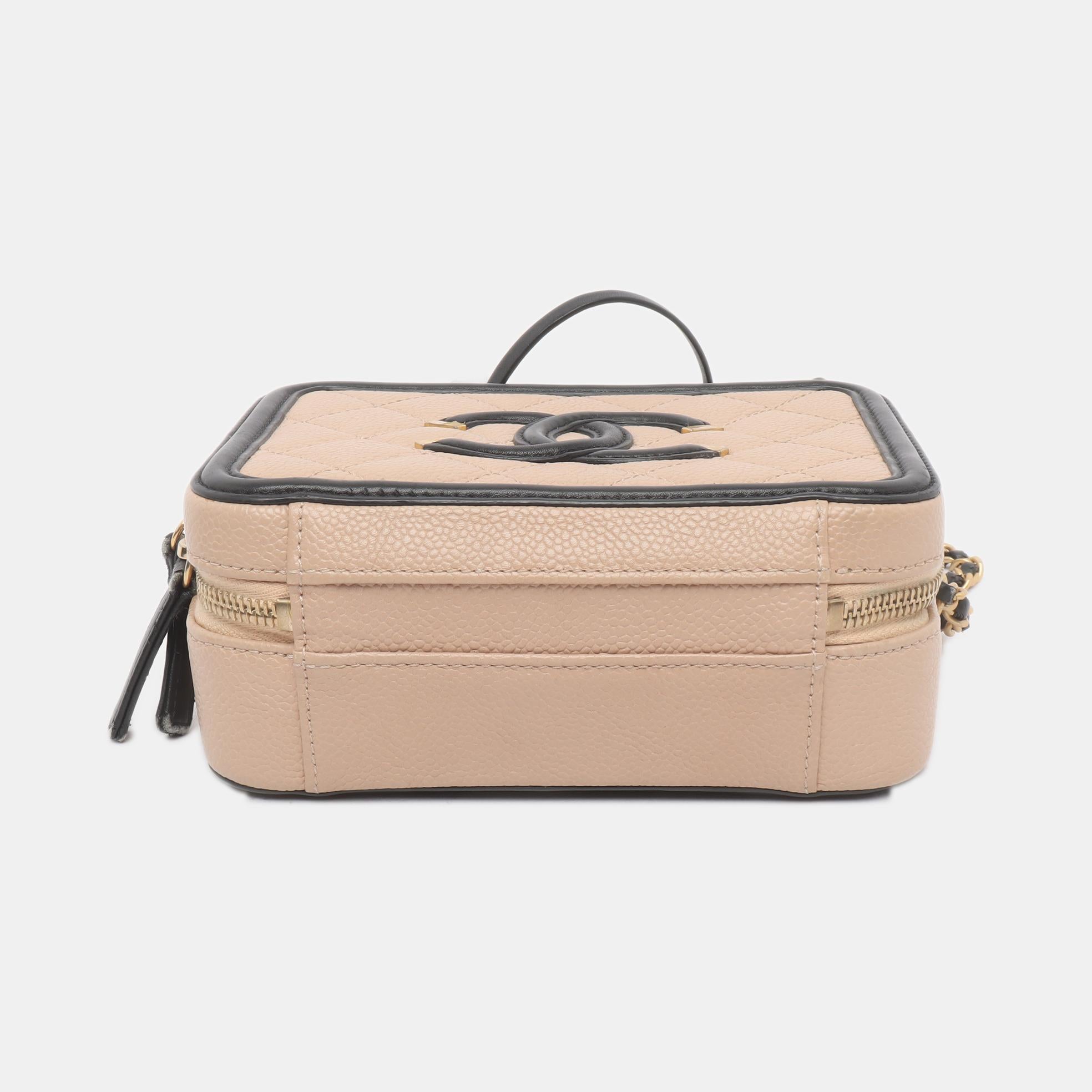 Chanel Filigree Mini Vanity Case Caviar Leather Beige with Black Trim, 2018-2019 3