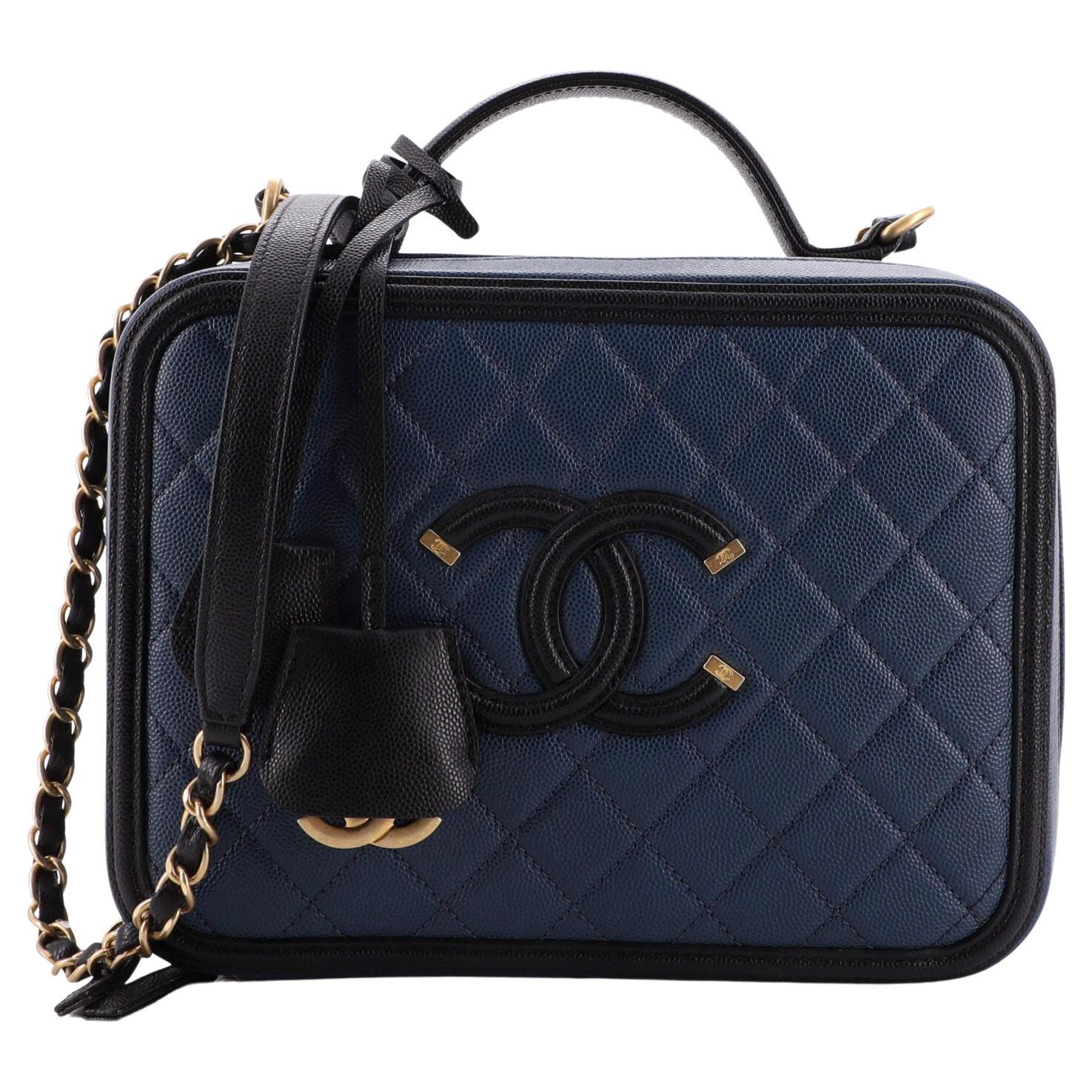 Chanel Filigree Quilted Caviar Leather Top Handle Vanity Case Blue