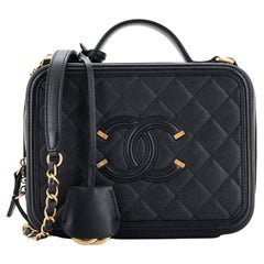 CHANEL Navy Quilted Caviar Leather Medium CC Filigree Vanity Case Bag