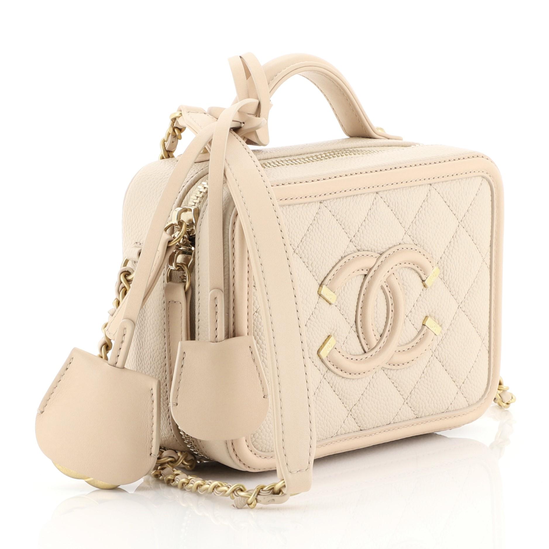 Beige Chanel Filigree Vanity Case Quilted Caviar Small