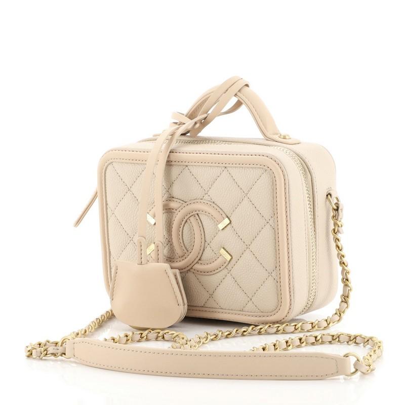 Beige Chanel Filigree Vanity Case Quilted Caviar Small