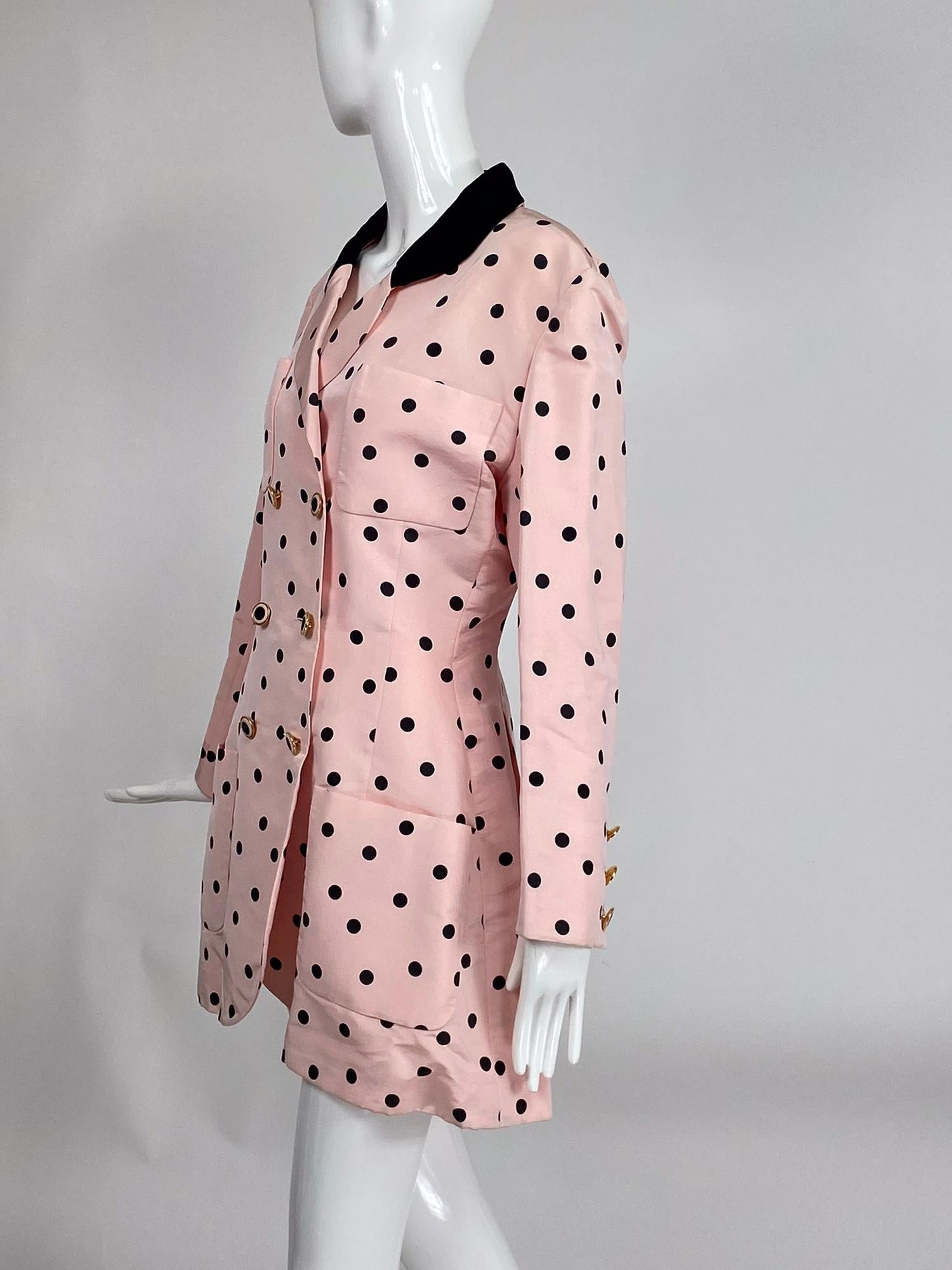 Chanel Fitted Silk Faille Pink & Black Dot Jacket 1990s 1