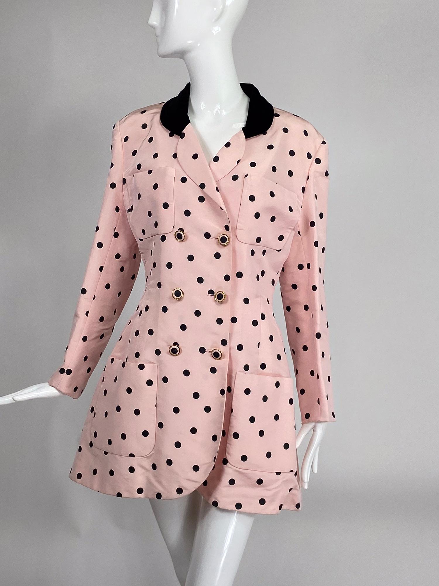 Chanel Fitted Silk Faille Pink & Black Dot Jacket 1990s 2