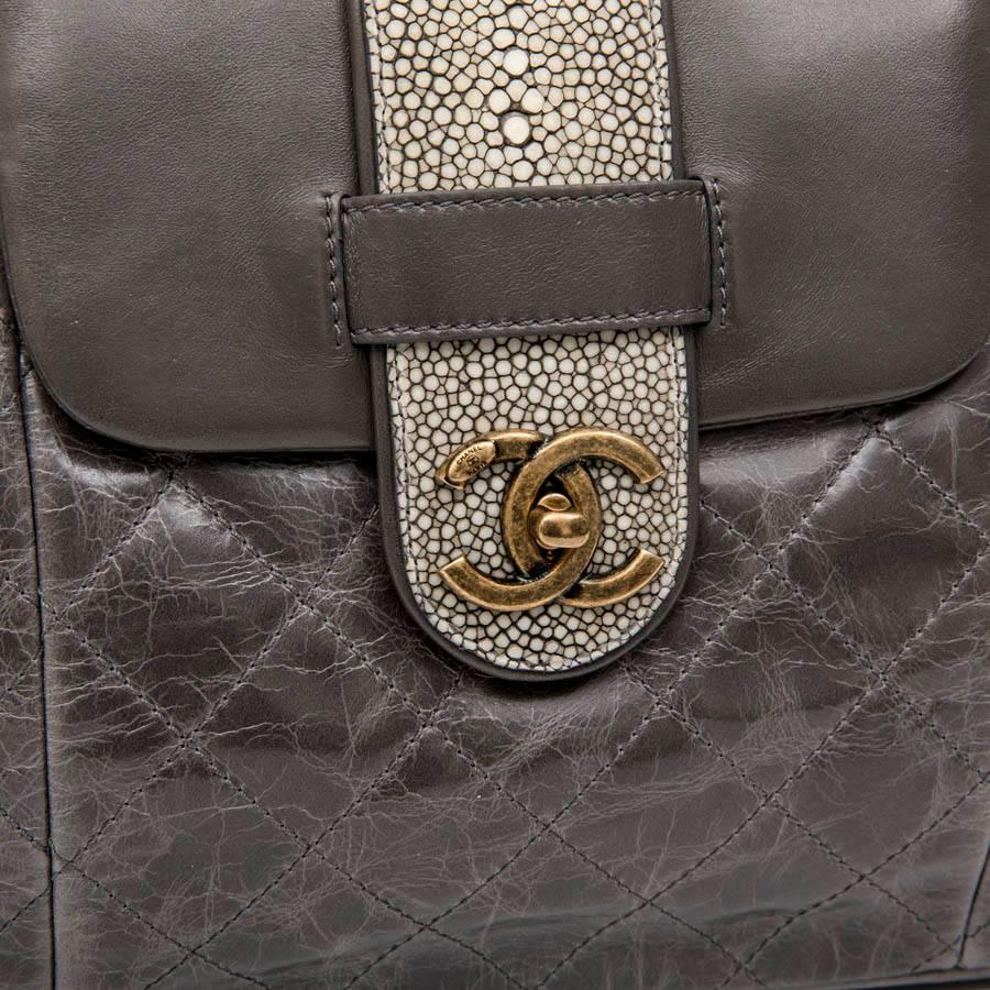 Chanel Gray Varnished Quilted Aged Leather and Galuchat Flap Bag 5