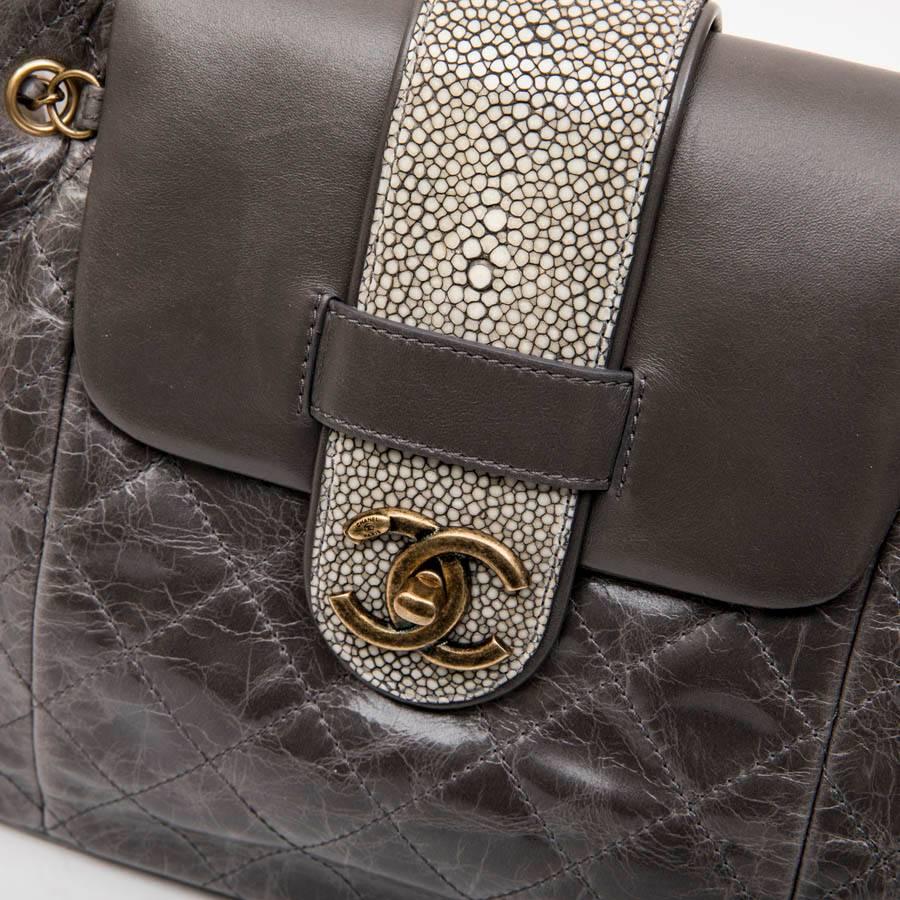 Chanel Gray Varnished Quilted Aged Leather and Galuchat Flap Bag 6