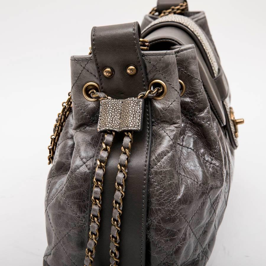Chanel Gray Varnished Quilted Aged Leather and Galuchat Flap Bag 7
