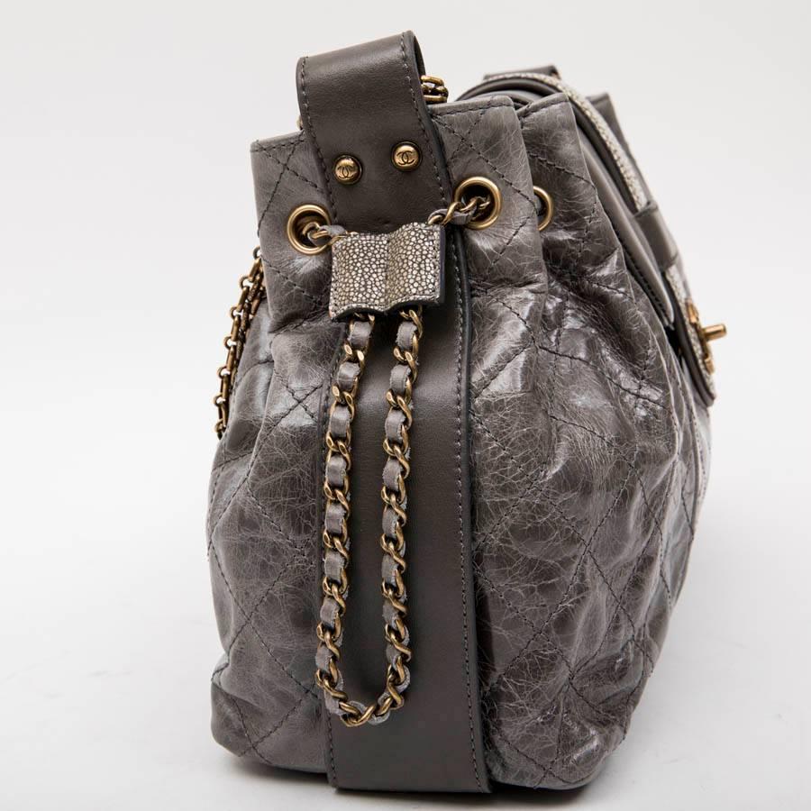 Chanel Gray Varnished Quilted Aged Leather and Galuchat Flap Bag 8