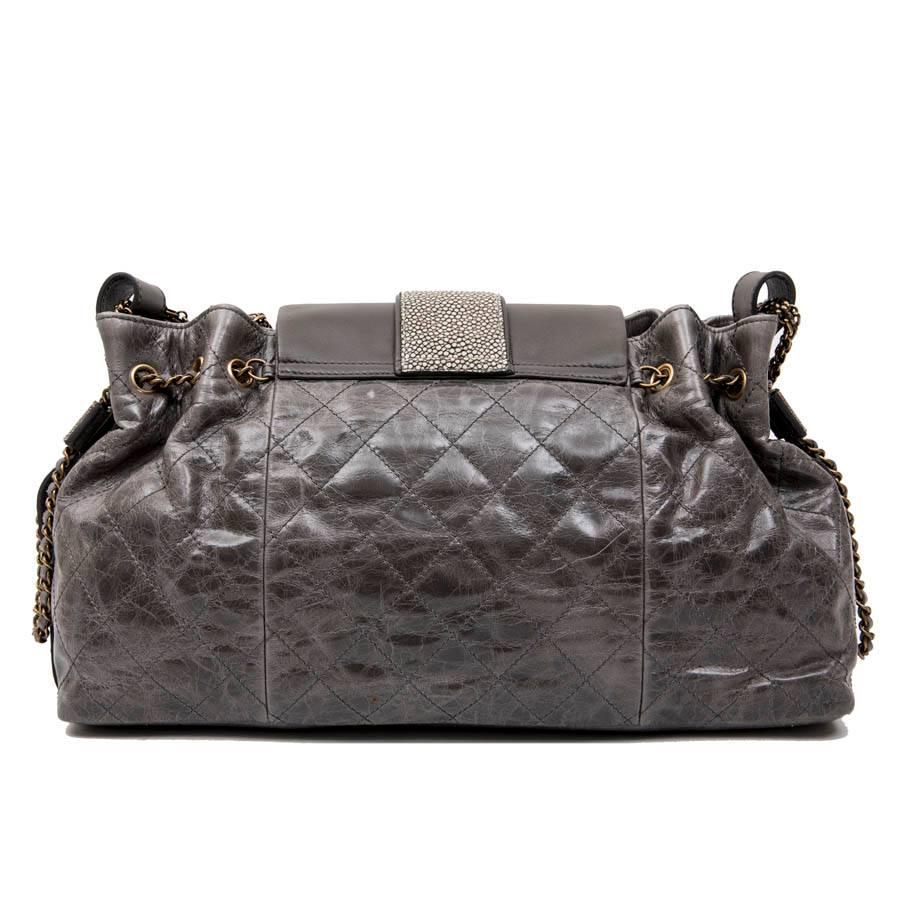 Chanel Gray Varnished Quilted Aged Leather and Galuchat Flap Bag  1